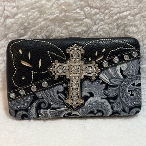 Rhinestone Cross Paisley Wallet - Black & Gray